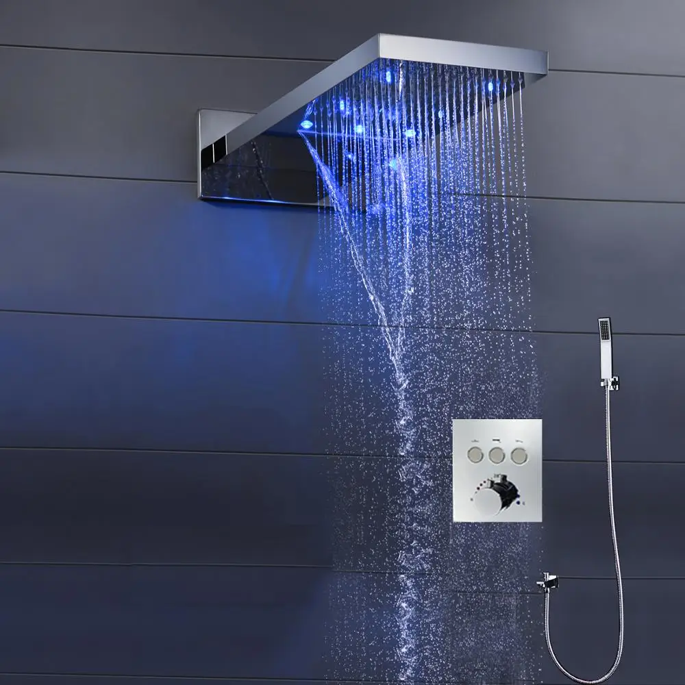 Modern LED Rain Shower Set Waterfall Rainfall Shower Head Panel 3 way