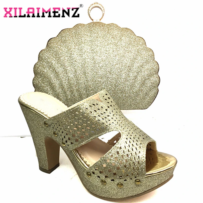 

Latest African New Design Hign Quality Italian Shoes and Bag to Match Nigerian Women Matching Shoes and Bag Set in Gold Color
