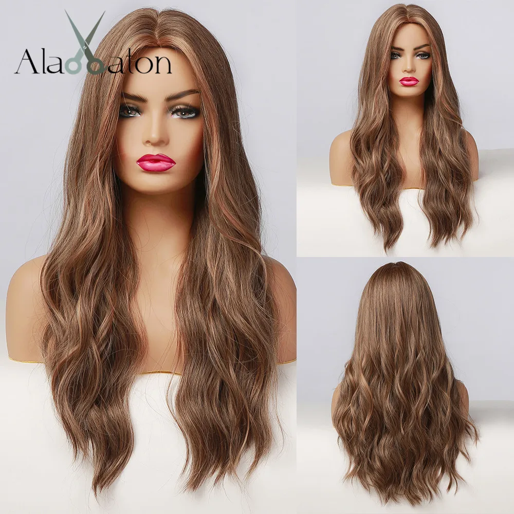 Hair Wigs Cosplay Heat-Resistant Brown Black Highlight Middle-Part Natural-Wave-Long