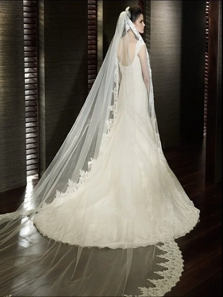 Tulle White//Ivory Wedding Veil 3 Meters Long Comb Lace Mantilla Cathedral Bridal Veil Wedding Accessories for Bride Color : Ivory, Item Length : 200cm