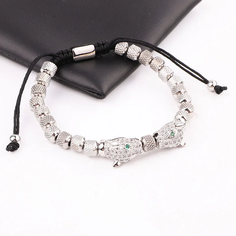 New Design Stainless Steel Beads CZ Pave Leopard Charm Friendship Macrame Adjustable Bracelet For Men