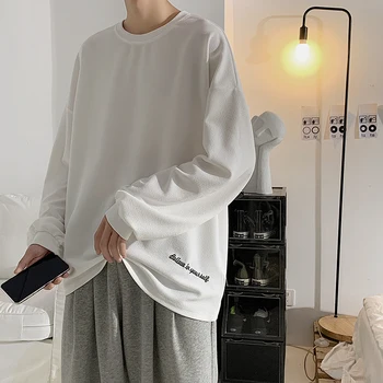 

Student All-match round Neck Long-Sleeved T-shirt Embroidered Sweatshirt Non-Ironing Bottoming Pure Color Men TShirt