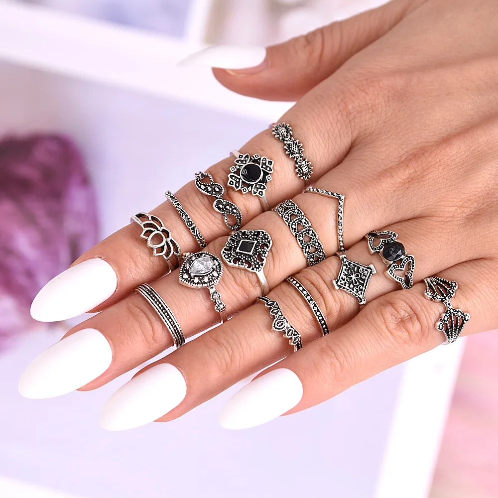 

New Design 15 Pcs/set Bohemian Retro Crystal Flower Leaves Hollow Lotus Gem Silver Women Ring Set 2019 Female Bohemian Jewelry