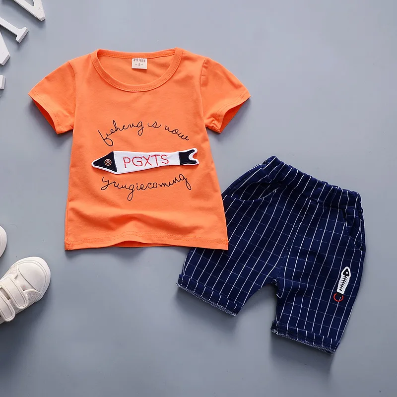Комплекты летней одежды для детей костюм для бега для мальчиков детская повседневная хлопковая футболка+ шорты, спортивный костюм из 2 предметов для маленьких мальчиков, одежда, костюмы - Цвет: oranged