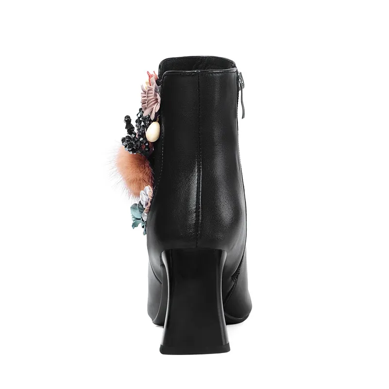 ANNYMOLI Winter Ankle Boots Women Natural Genuine Leather Zip Block High Heels Short Boots Flower Pointed Toe Shoes Lady Autumn ANNYMOLI Winter Ankle Boots Women Natural Genuine Leather Zip Block High Heels Short Boots Flower Pointed Toe Shoes Lady Autumn