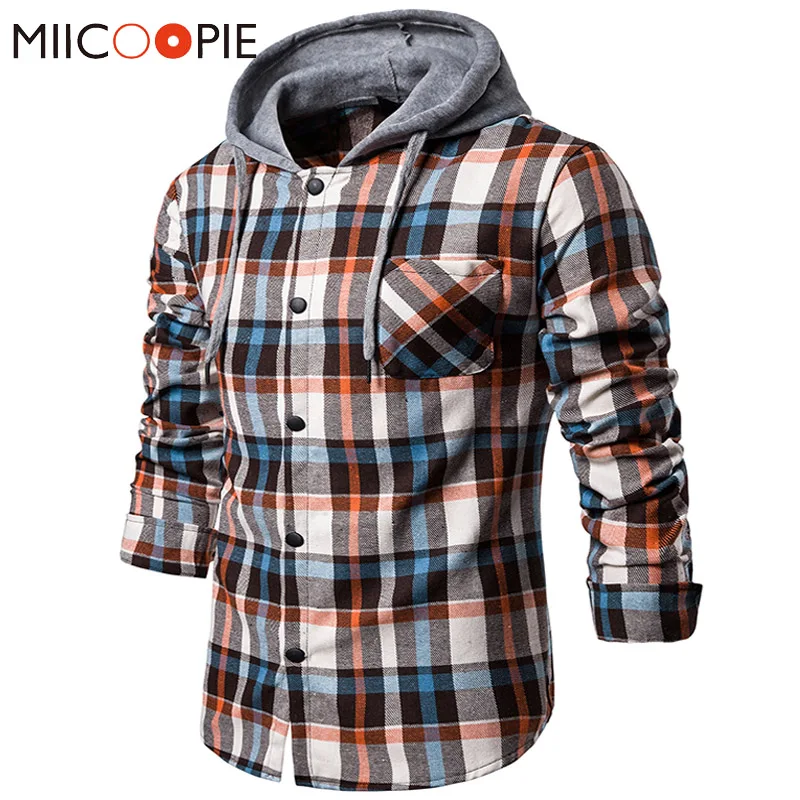 Осенняя мужская рубашка с капюшоном брендовая разноцветная полосатая рубашка в клетку Длинные рукава мужские s рубашки на пуговицах хип-хоп Chemise Homme уличная