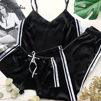 

Suphis Side Stripe Pajamas Silk Women Satin Pajama Pants Sexy V Neck Camis Home Sleepwear Shorts Set Female Summer 3 Piece Suit