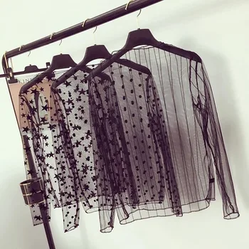 

New Jacobs perspective shirt sleeved female spring lace grid mesh sexy long shirts