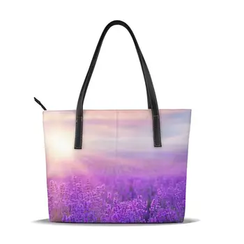 

OLN Sunset Lavender Field In Provence France Reusable Tote Pouch Women Travel Storage Handbag Shoulder Bag Female Shopping Bags