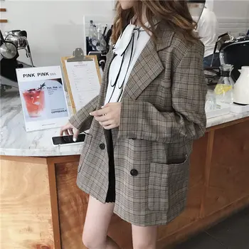 

2020 Plaid Blazer Women Vintage Double Breasted Pockets Jackets Office Lady Female Coat blazers high quality 2020 Fashion