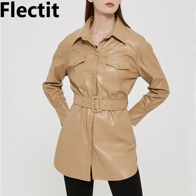 Женская однобортная куртка Flectit из искусственной кожи с поясом и отложным