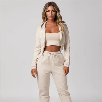 

Fall Winter Women Suits New Hooded Long Sleeves Zipper Short Coat + Long Pants 2pcs Female Outfits Female Sportswear Tracksuits