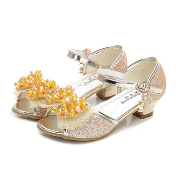 

Summer Children Sandal For Girls Kids High Heel Elsa Shoes Princess Pearl Bow Shoes Girls Fashion Crystal Sandals TX546