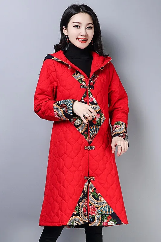 

769 Winter Ethnic-Style Large Size Loose-Fit Long Padded Cotton Linen Coat Women's Vintage Literature And Art Printed Cotton-pad