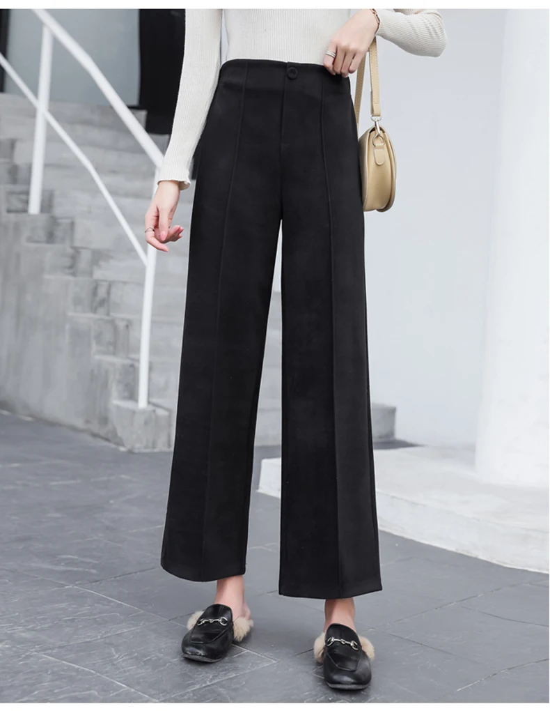 Ankle-Length Women Woolen Pants Wide Leg Pant 2019 New Fashion Autumn Winter Wear High Waist Loose Female Black Beige Trousers (7)