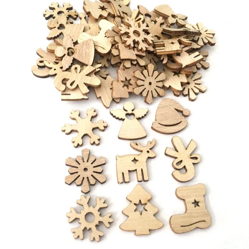 Christmas Wooden Christmas Tree Ornaments Mini Snowflake Tree Hanging Pendants Decorations for Home New Year Gift 50pcs HOT