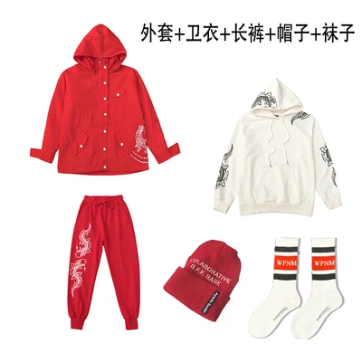 set2 Camisa Masculina Homme/Детский комплект для уличных танцев, красное пальто в стиле хип-хоп для мальчиков и девочек+ штаны+ белые топы с капюшоном, весенний комплект одежды - Цвет: set2