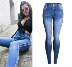 Джинсы средней посадки для женщин, узкие Стрейчевые джинсовые джинсы с двойной боковой полоской, обтягивающие джинсы с пуш-ап, женские