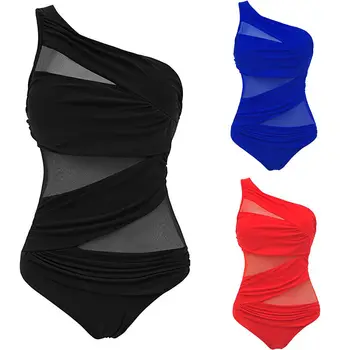 

Women One Piece solid Push Up Padded Oblique Bikini Mesh Swimsuit Size pluse Swimwear Bathing Suit Monokini Beachwear Biquini