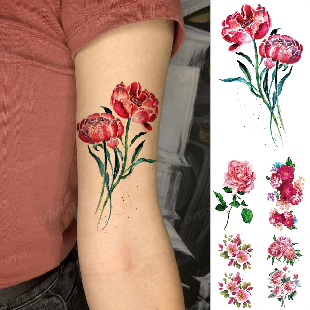 Temporary Tattoo Sticker Washable Transfer Red Rose Peony Bouquet Garland Rose Kid Fake Tatto Mens Women Flash Tatoo