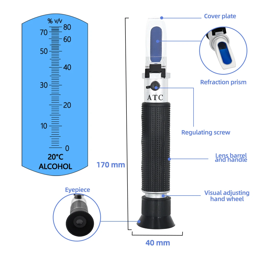 Alcohol Refractometer 0-80% Handheld Beer Spirits Tester Portable Alcohol Meter Concentration Meter Adjustable Manual ATC hand held refractometer alcohol refractometer liquid refractometer