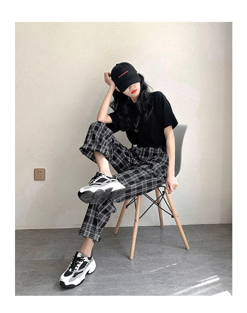 HOUZHOU Checked Black Loose Pants Women2020 Korean Style Plus Size Joggers Women Pants in a Cage For Trousers Women