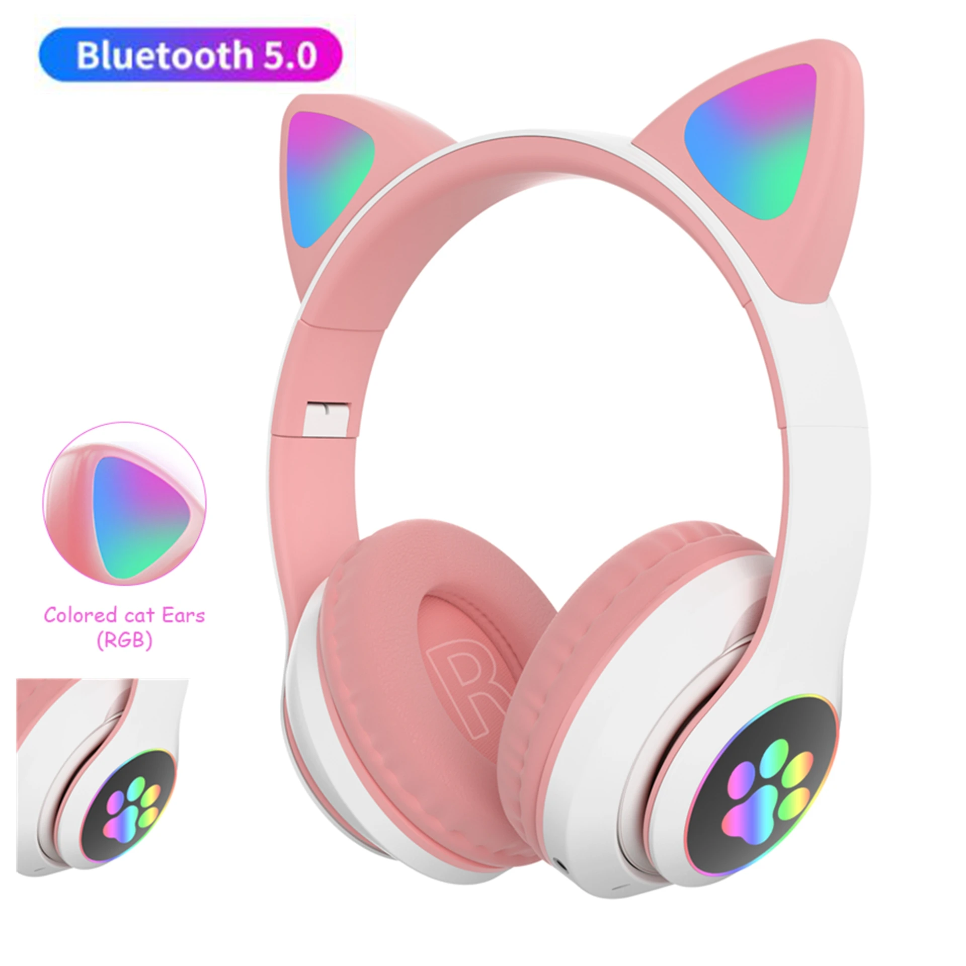 Wireless Bluetooth Headphone with Mic Head Mounted Cute Cat LED Light Earphone Stereo Bass Music Headset for Kid Girl Gift