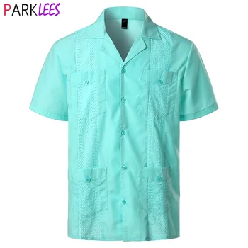 Camisa básica de manga corta para hombre, camisa masculina tradicional Cubana bordada con botones cruzados, cuello de camisa, 2XL