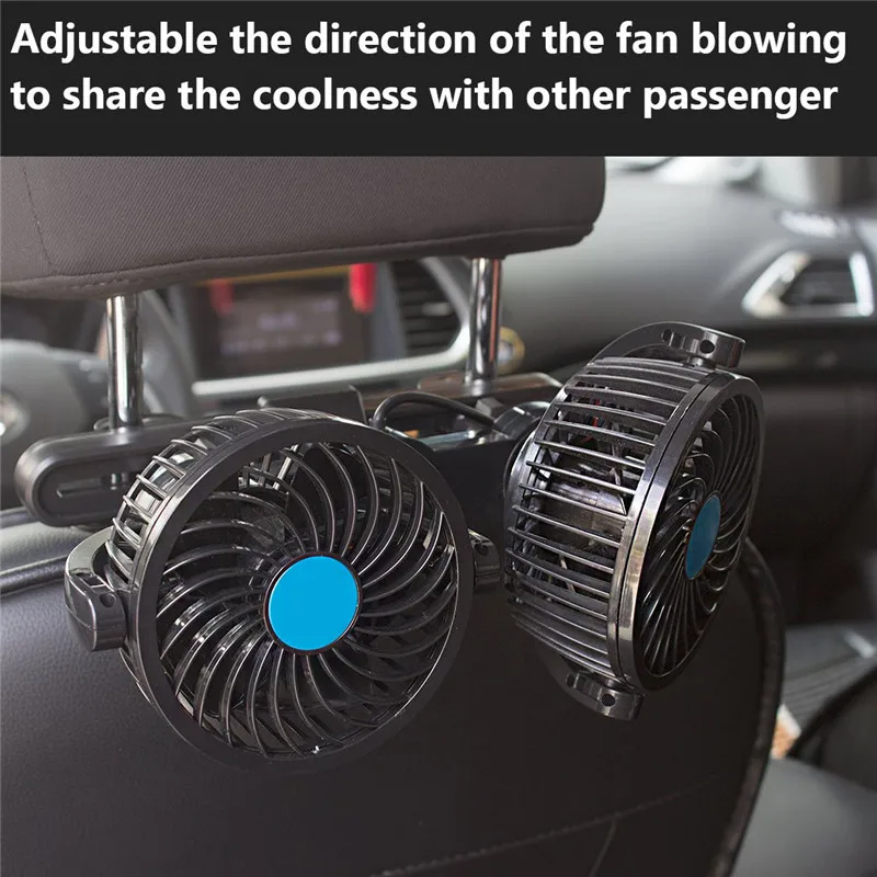 Car Headrest 12V Dual Head Cooling Fan with Speed Control & 360° Rotation