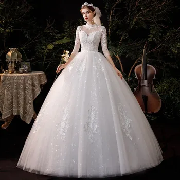 فستان زفاف برقبة عالية 2023 فاخر ثلاثة أرباع كم بأربطة حتى الكرة ثوب Vestido De Noiva مقاس كبير