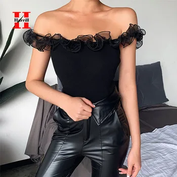 

Ruffles Slash-Neck Blouses Women Sexy Slim Backless Summer Tops Women Streetwear Black Sleeveeless Blouse Woman Top Blusas Mujer
