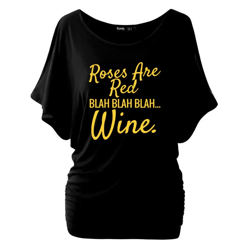Красная Женская Модная хлопковая Повседневная футболка с рукавом «летучая мышь» и надписью «Rose are ted blah wine» на День святого Валентина