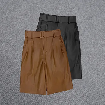 

2020 Autumn Winter Chic women's High quality Sheepskin Real leather belt short pants C156