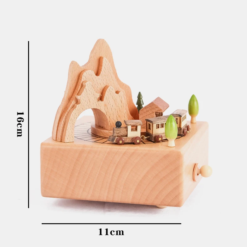 Kongwal Train Crossing the Cave Wooden Music Box Clockwork Type Hand Cranked Music Boxes Wood Crafts Home Decoration Accessories