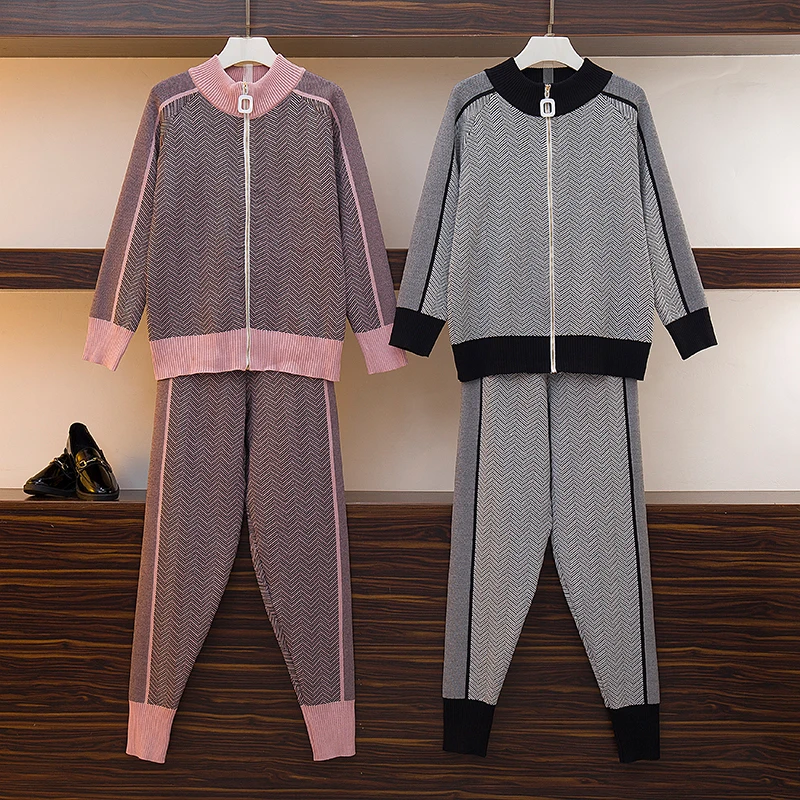 

Banulin Autumn Women Geometric Knitting Tracksuit Zipper Cardigans jacket+ Pants Female Winter Fashion Design 2pcs Sports Set