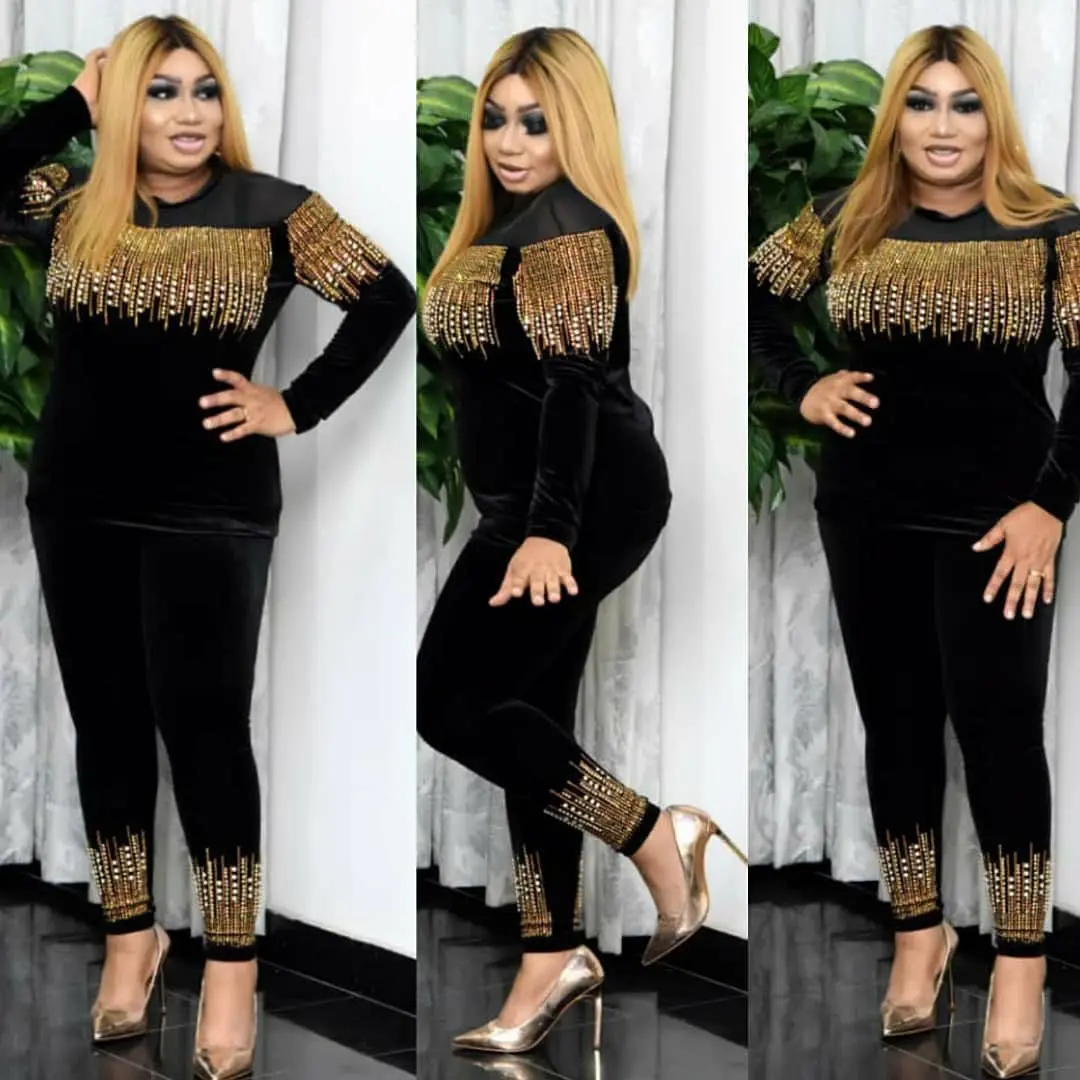 

African Clothes for Women Spring and Autumn 2021 African Women Long Sleeve Black Two Pieces Sets Top and Pant African Clothing