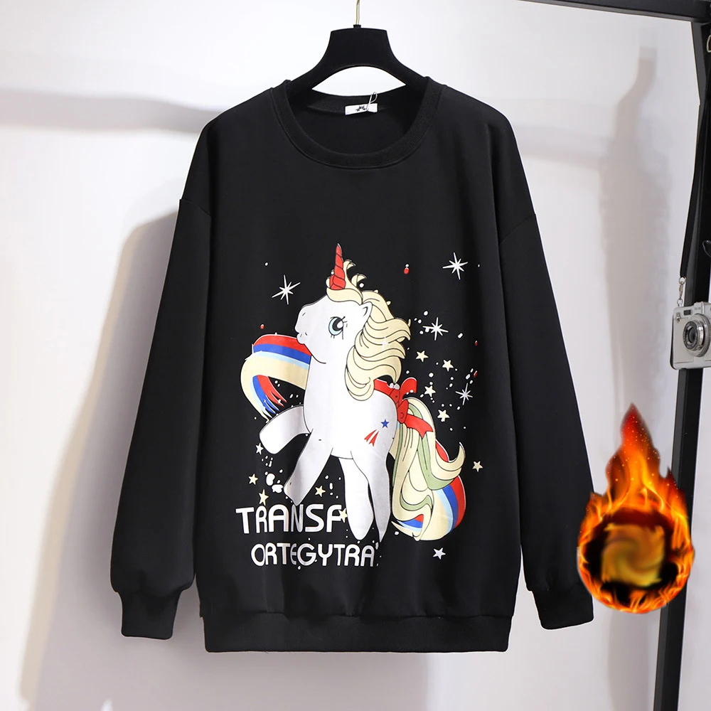 thicken black 117~ 157 см Толстовка из толстого флиса с мультяшным принтом Футболка с длинными рукавами пальто размера плюс женские осенне-зимние длинные топы B744 - Цвет: thicken black