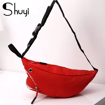 

SHUYI shark head ladies bag red side zipper pouch ladies waist bag high quality nylon phone chest bag women's sports waist bag