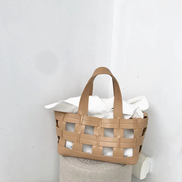 

NEW brand large capacity woman grand tote hollow out basket bucket hand bag weave beach travel PU leather designer Handbags