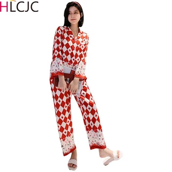 

Spring Women Ice Silk Pajama Sets Cartoon Pyjama Sleepwear Long Sleeve Pajamas for Girl Nightwear Suit Home Sweet Home Clothes