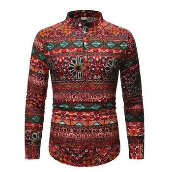 

Vintage Floral Cotton Linen Shirt Men 2019 Brand Long Sleeve Mandarin Collar Long Sleeve Mens Dress Shirts Hawaiian Shirt Male