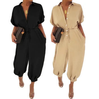 

Fashion Newest Hot Sexy Jumpsuits Women Loose Short Sleeve Solid Casual Buttons Summer Romber