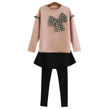 

2020 SpringChildren's Sports Suits Teenage Girl Plaid Bow Sweatshirt + Fashion Skirt Leggings Cotton Girls Clothes Set 6 8 11Yr