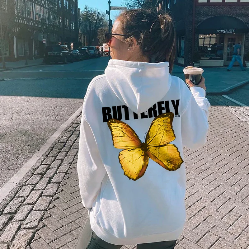 

Hot Sale Autumn/winter Women's Hoodie Butterfly Print Long-sleeved Drawstring Top Oversized Ladies Pullover, Hip-hop Street Wear
