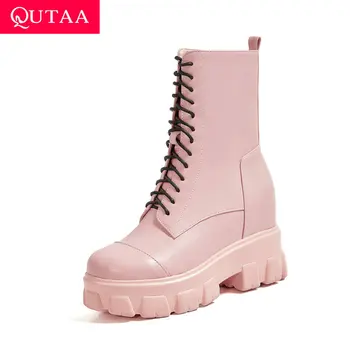 

QUTAA 2021 Mid Calf Women Boots PU Zipper Lace Up Square Heels Autumn Winter Round Toe Height Increasing Women Shoes Size 34-43