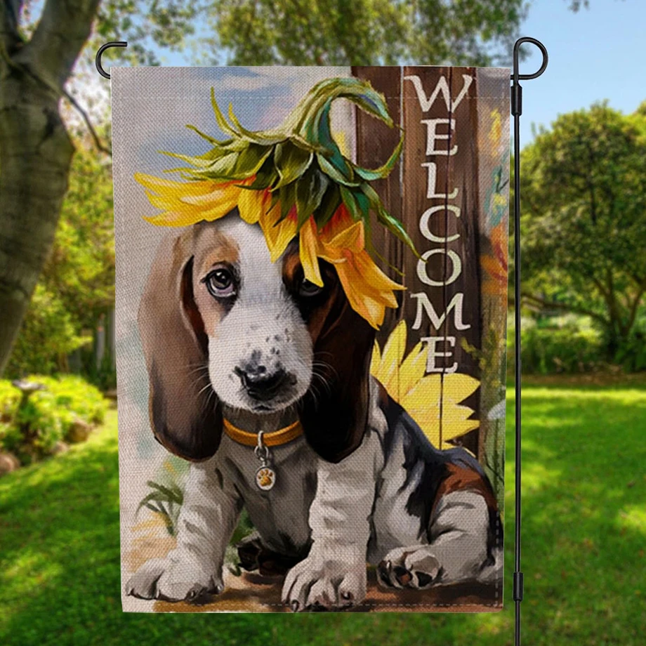 

Two-sided Sunflower Puppy Dog Garden Flag Banner Home Decor Windproof Rubber Stopper Clip 12.5''x18.5'' 32x47cm