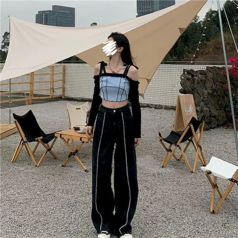 Women Wide-leg Pants Thin High-waist Vertical Line Female Trousers Straight-leg Sports Harajuku Casual Jeans Skateboard Loose