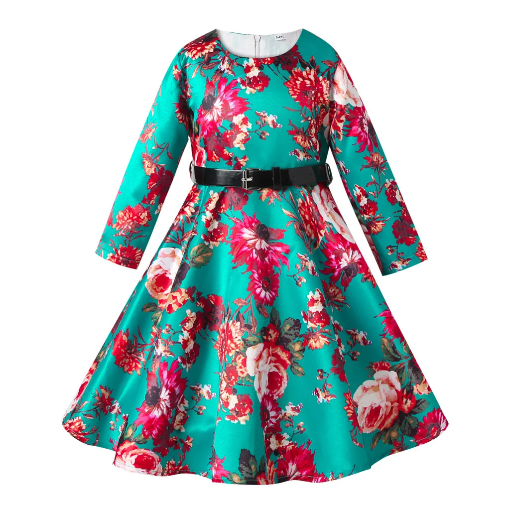 Vestidos Sukienki/Модные Детские вечерние платья с круглым вырезом; платье принцессы с длинными рукавами и цветочным принтом для маленьких девочек; vestidos
