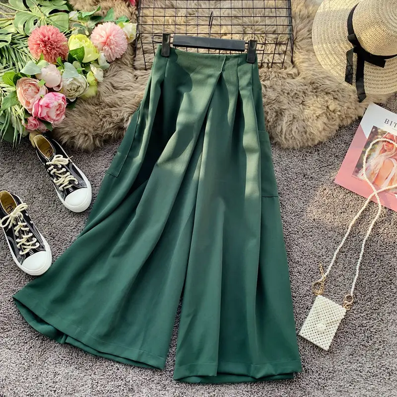 Эластичные широкие брюки с высокой талией женские 9 точками свободные прямые