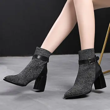 

2019 NEW Thick Heel Autumn Shoes Woman Spring High heeled Ankle Boots Female Students British Style Short Boots Booties Silver